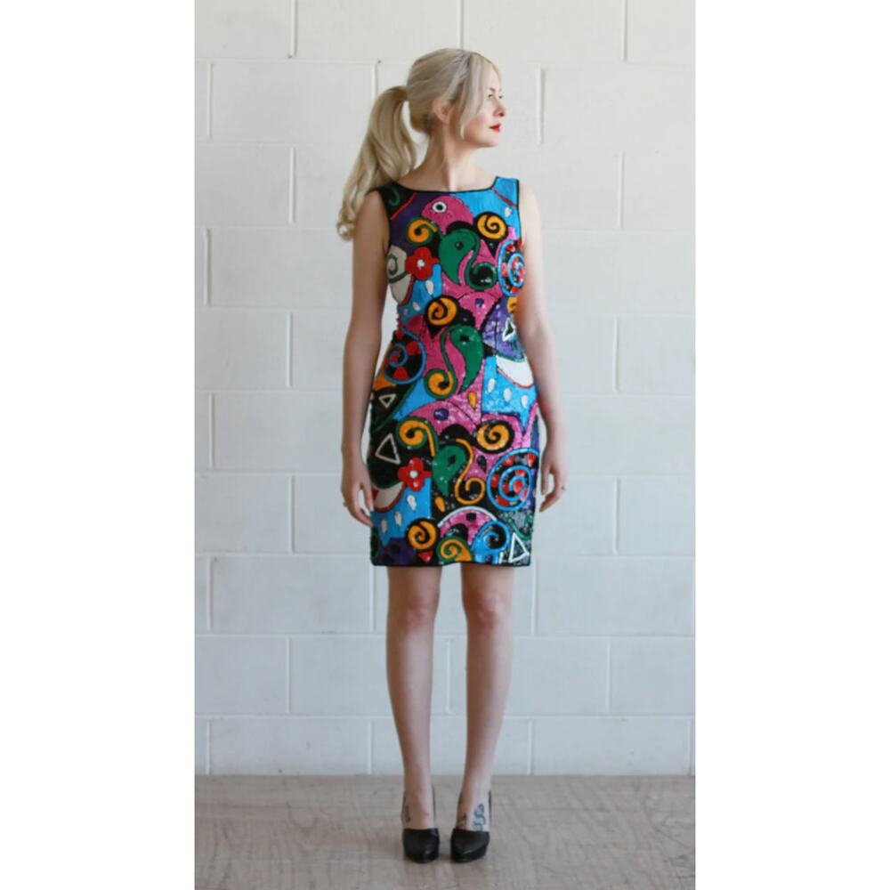 Laurence Kazar Sequined Pop Art‎ Multicolor Sleeveless 80s Vintage Sheath Dress